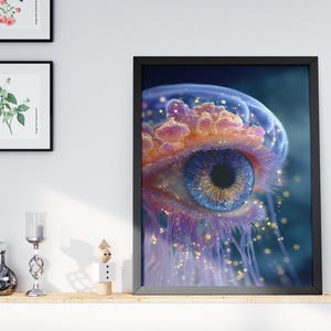 Arte surrealista en lienzo de medusas: Ojo místico de las profundidades, decoración oceánica de ciencia ficción