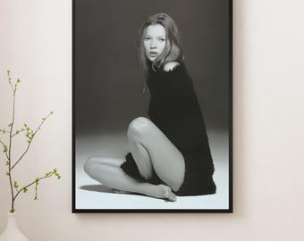 Kate Moss Black & White Canvas Art – Iconic Supermodel Fashion Portrait