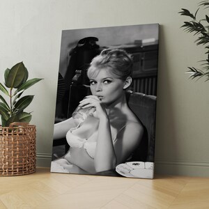 Puede incluir: Impresi&oacute;n en lienzo en blanco y negro de una mujer en sujetador, bebiendo de un vaso. La impresi&oacute;n se exhibe en una pared junto a una planta en maceta en una cesta tejida. La imagen tiene una est&eacute;tica vintage.