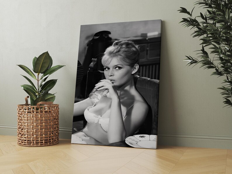 Puede incluir: Impresi&oacute;n en lienzo en blanco y negro de una mujer en sujetador, bebiendo de un vaso. La impresi&oacute;n se exhibe en una pared junto a una planta en maceta en una cesta tejida. La imagen tiene una est&eacute;tica vintage.