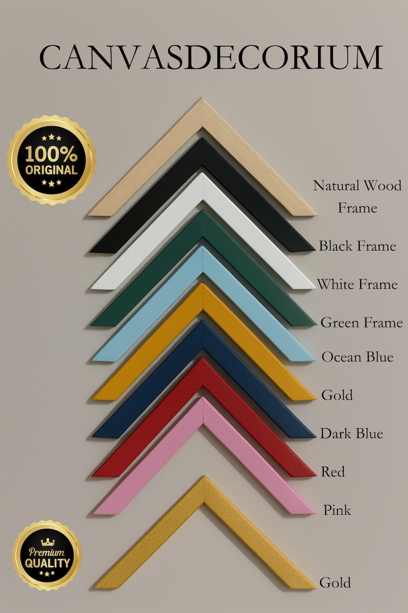 Puede incluir: Una exhibici&oacute;n de muestras de marcos de fotos coloridos en varios colores, incluyendo madera natural, negro, blanco, verde, azul oc&eacute;ano, dorado, azul oscuro, rojo y rosa. El texto "CANVASDECORIUM" est&aacute; en la parte superior.