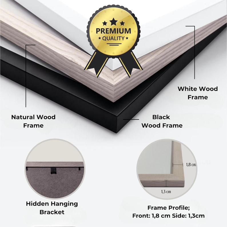 Puede incluir: Primer plano de tres marcos de fotos de madera en blanco, natural y negro. La imagen muestra el perfil del marco con dimensiones de 1,8 cm de frente y 1,3 cm de lado. El texto incluye "Premium Quality" y "Hidden Hanging Bracket".