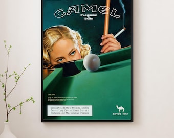 Tela vintage Camel Pool - Stampa artistica retrò da biliardo - Poster in stile tabacco di metà secolo