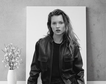 Kate Moss Black and White Portrait Canvas, Fashion Wall Art