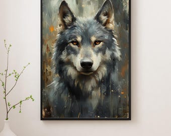 狼の顔の絵、狼の肖像画、隠れた狼、狼の目、壁アート、キャビンの装飾