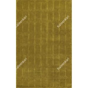 May include: A rectangular area rug in a solid mustard yellow color featuring a repeating pattern of embossed vertical oval shapes across the entire surface. The word Kaleenkari is printed in white text diagonally across the rug surface.