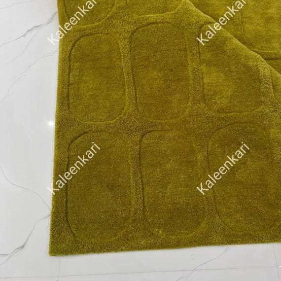 Hand Tufted Wool Rug: Solid Mustard Olive Green Striped Modern Area Rug for Livingroom