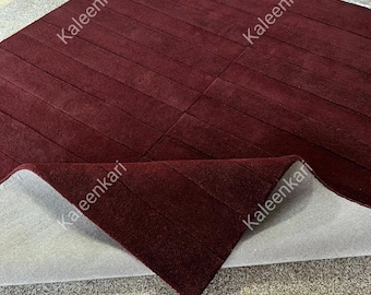 Hand Tufted Wool Rug: Solid Burgundy High Low Pile Rug for Bedroom