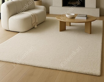 Alfombra de lana beige tejida a mano: moderna alfombra color marfil liso para sala de estar.