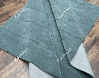 Hand Tufted Wool Rug: Solid Blue High Low Pile Living Room Decor