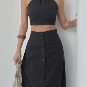 Boho Two-Piece Summer Set – Halter Crop Top & High Waist Button Skirt – Beige, Black, Navy – Lightweight Beach Outfit