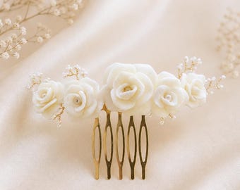 Cold Porcelain Ivory Floral Bridal Hair Comb, Handmade Wedding Accessory, Pearl Rose Clip