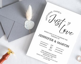 Just Love Wedding Invitation Template | Modern Black and White Invite | Optional Photo Back | Printable & Editable | Instant Download