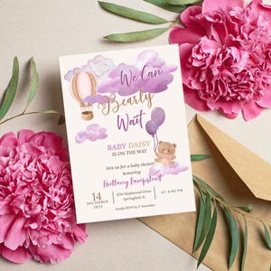 We Can Bearly Wait Baby Shower Invitation | Pink Clouds, Teddy and Balloons | Editable Printable Template | Canva Template | Send via Text