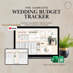 Könnte beinhalten: Ein digitaler Hochzeitsbudget-Tracker, der auf einem Laptop und Tablet angezeigt wird, mit Diagrammen und Tabellen. Der Text lautet "THE COMPLETE WEDDING BUDGET TRACKER" und enthält "Tutorial Included!" mit einem YouTube-Logo. Excel- und Google Sheets-Symbole sind ebenfalls sichtbar.