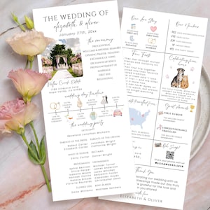 Könnte beinhalten: Eine Hochzeitseinladungssuite mit floralem Design. Die Einladung enthält die Namen "Elizabeth & Oliver", das Hochzeitsdatum, Details zum Veranstaltungsort, Informationen zur Zeremonie und einen Zeitplan. Es gibt auch Details über die Hochzeitsgesellschaft und interessante Fakten.