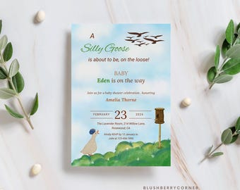 Capricieuze Silly Goose-babyshoweruitnodiging | Schattige bewerkbare sjabloon voor genderneutrale vieringen | Thema Platteland en waterverf