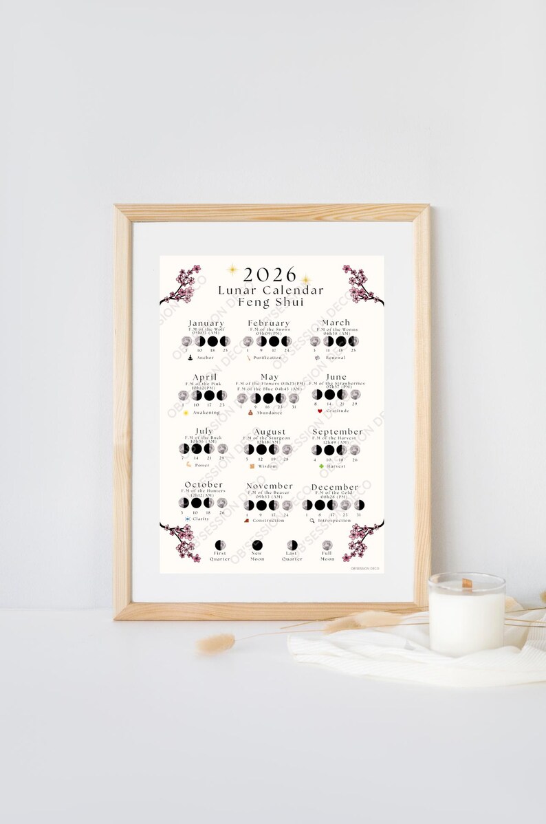 Lunar Calendar 2026 Feng Shui / Printable Digital Poster / Moon Phases and Monthly Energies ...