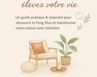 May include: A book cover with the title "Harmonize your interior, elevate your life." The image features a watercolor illustration of a living room with a chair, plant, and decorative items. The author's name and title are also displayed.
