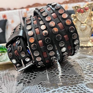 Vintage Studded Punk Rock Leather Belt – Black & Brown Woven Design, Unisex Goth Accessory