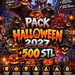 Peut inclure: Une collection numérique de 500 fichiers d'impression 3D sur le thème d'Halloween avec des citrouilles, des crânes, des fantômes et un château hanté. Le visuel affiche PACK HALLOWEEN 2027 +500 STL, une licence commerciale et des icônes de masques et décorations.