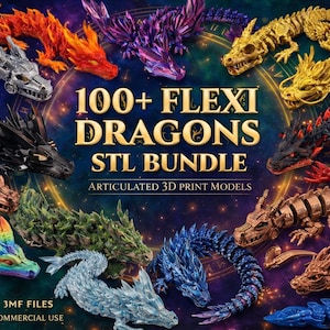 May include: A collection of colorful, articulated 3D-printed dragon models. The image features dragons in various colors, including silver, orange, purple, gold, black, and blue. Text reads "100+ FLEXI DRAGONS STL BUNDLE".