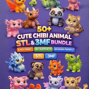 May include: A collection of colorful chibi animal figurines, including dragons, pandas, and leopards. The image features a variety of designs with the text "50+ CUTE CHIBI ANIMAL STL & 3MF BUNDLE". The figurines are designed for easy printing and are beginner-friendly.