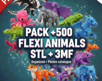 Paquete de más de 500 animales flexibles en formato STL y 3MF | Animales articulados | Archivos para impresión 3D | Juguetes antiestrés | Descarga instantánea