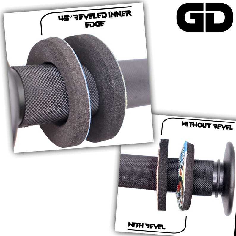 May include: Close-up of black handlebar grips with a textured surface and a 45-degree beveled inner edge. The image shows the grips with and without a bevel. The logo "GD" is in the upper right corner.