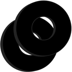 May include: Two overlapping black circular shapes with a hole in the center. The shapes have a dark gray outline, and the background is white. The image is a simple, graphic design.