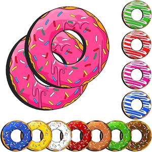 May include: A collection of colorful, cartoon-style donuts. Two pink frosted donuts with sprinkles are in the foreground. The background features donuts with green, red, pink, and blue frosting, and others with yellow, white, brown, and orange frosting.