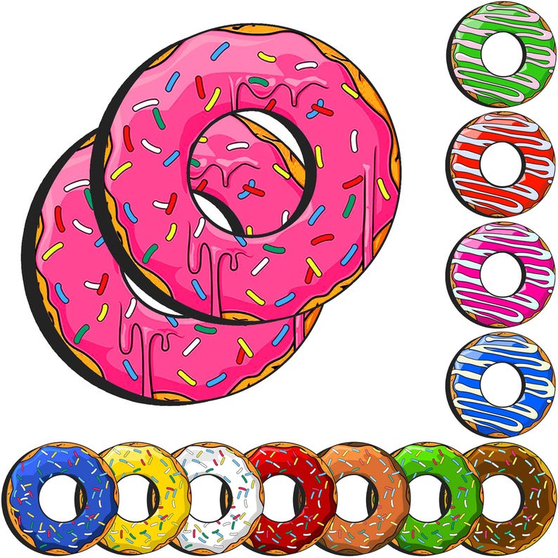 May include: A collection of colorful, cartoon-style donuts. Two pink frosted donuts with sprinkles are in the foreground. The background features donuts with green, red, pink, and blue frosting, and others with yellow, white, brown, and orange frosting.
