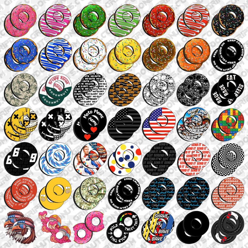May include: A collection of colorful donut-shaped grip tape designs. The designs include various patterns, text, and graphics, such as the American flag, skulls, and the words "Moto Moms." These grip tapes are likely for skateboards or similar equipment.