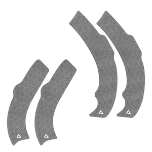 May include: A collection of six gray, textured grip pads. Each pad has a unique curved shape with a textured surface and a small white triangle logo at the base. The pads are designed for a specific purpose, likely for enhanced grip.