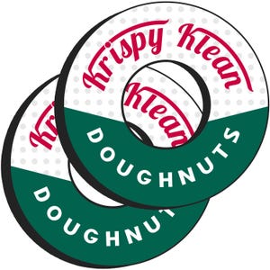 May include: Two donut-shaped stickers with the words "Krispy Klean Doughnuts" in a playful font. The top half of the donuts is white with small gray dots, and the bottom half is dark green.