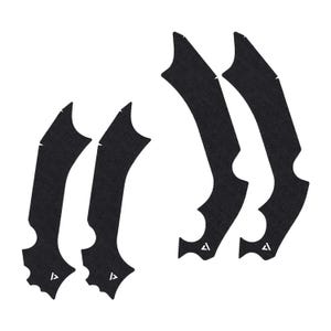 May include: Six black, curved, textured pieces with pointed ends and a white triangle logo. The pieces are arranged in two sets of three, with a unique shape and design. The background is plain white.