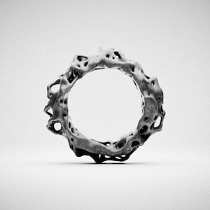 May include: A grayscale ring with an organic, porous design. The ring has an irregular, textured surface with numerous holes and a rounded shape. The ring is set against a plain white background, creating a high-contrast image.