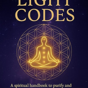May include: Book cover with the title "THE BOOK OF LIGHT CODES" in gold lettering. A golden illustration of a person in a meditative pose is centered on a dark blue background. The book is a spiritual handbook.