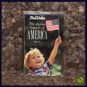 May include: A vintage cassette tape case with the title "The Joyous Sounds of AMERICA" and the True Value logo. The cover art features a child holding a small American flag. The background is a textured, brown surface.