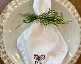 Embroidered Tartan Bow Christmas Napkins: Holiday Table Decor 100% Cotton