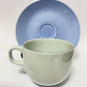 May include: A light green teacup with a matching blue saucer. The teacup has a rounded shape with a handle and a thin blue line around the rim. The saucer is a solid light blue color.