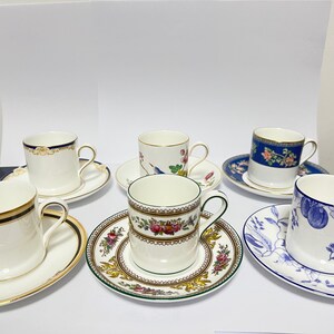 Tazas y platillos de espresso Wedgwood desiguales, juego de 6 tazas de café expreso inglesas vintage, fiesta de té ecléctica, Blue Siam Clio Cuckoo