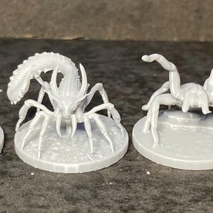 May include: Six small, light gray insect figurines, including spiders and scorpions, are arranged in a row. Each figurine is mounted on a small, round base. The details of the insects are clearly visible, showcasing their legs, pincers, and segmented bodies.