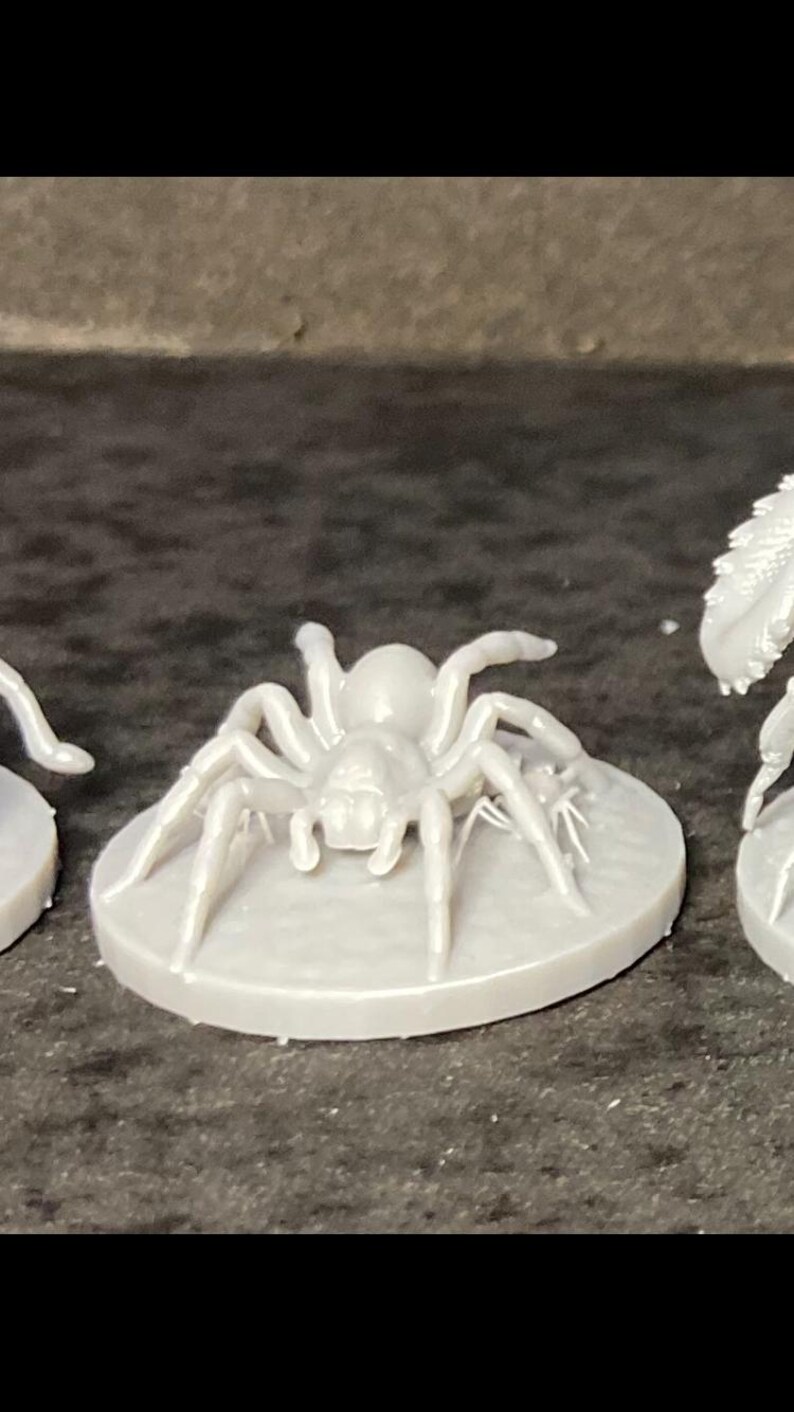 May include: A light gray miniature spider figurine with eight legs, a rounded body, and a detailed head. The spider is on a circular base, likely for tabletop gaming or display.