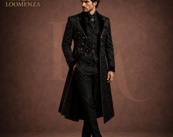 Mens Gothic Formal Coat, Victorian Gentleman Suit, Black Brocade Tailcoat, Wedding Groom Outfit, Steampunk Coat Men, Dracula Inspired Coat