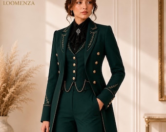 Emerald Green Women's Suit, Victorian Tailcoat, Gothic Formal Suit, Military Style Pantsuit, Regency Outfit, Custom Made