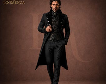 Frac gótico victoriano negro para hombre / Abrigo de príncipe vampiro / Traje formal steampunk / Atuendo de boda gótico / Disfraz de cosplay personalizado