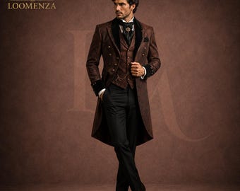 Bruine Victoriaanse slipjas voor mannen, gotisch pak bruidegom, steampunk trouwjas, regentschap aristocraat outfit, aangepaste formele kleding