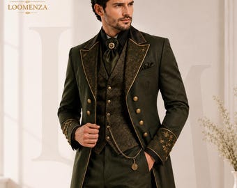 Dunkelolivgrüner viktorianischer Frack, Steampunk-Anzug für Herren, gotischer Regency-Mantel, aristokratisches Hochzeitsoutfit, maßgeschneiderte Festmode