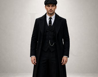 Men’s Black Peaky Blinders Suit, 1920s 3 Piece Suit with Long Overcoat, Vintage Gangster Wedding Groom Formal Outfit